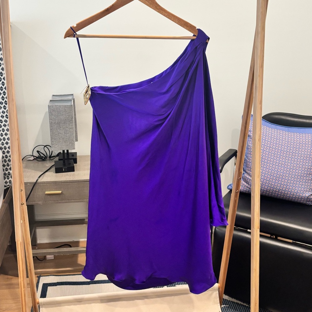 Halston Heritage One-Shoulder Royal Purple Satin Midi Dress